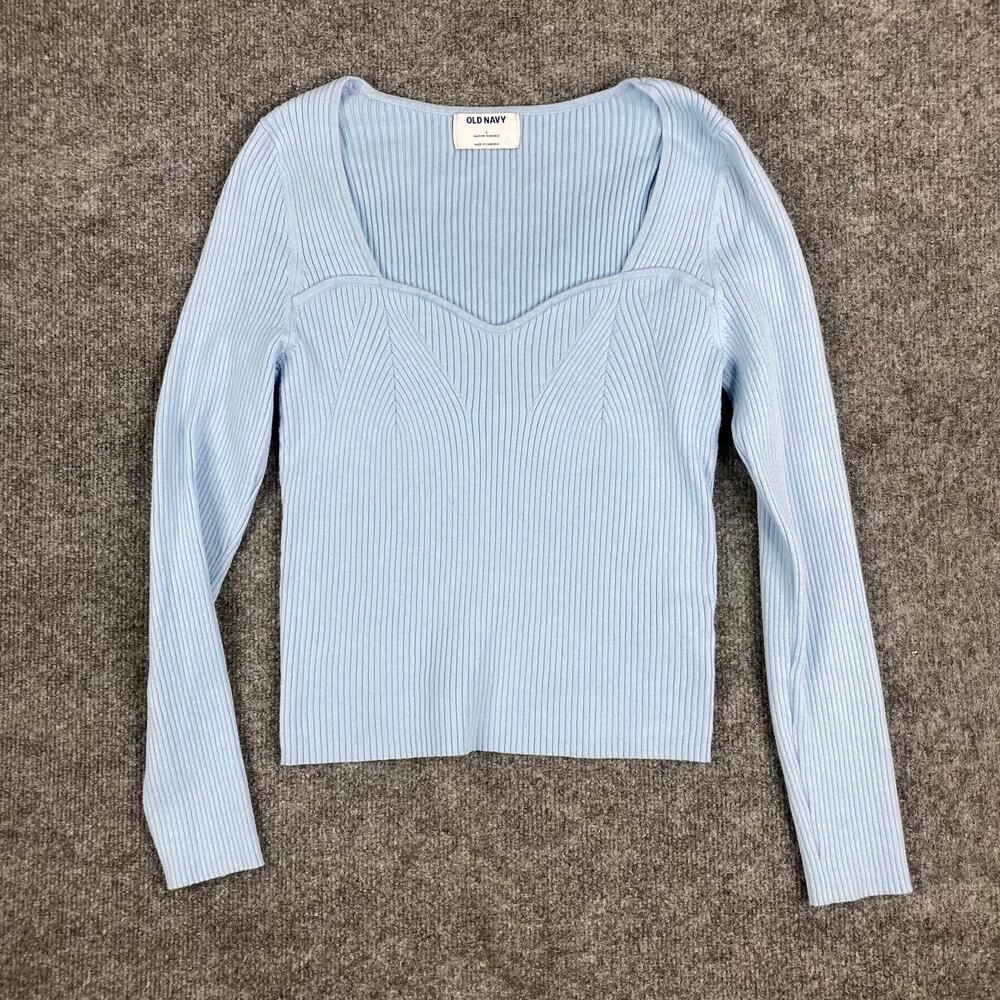 Old Navy Top Womens Large Light Blue Ribbed Sweetheart Neck Long Sleeve
